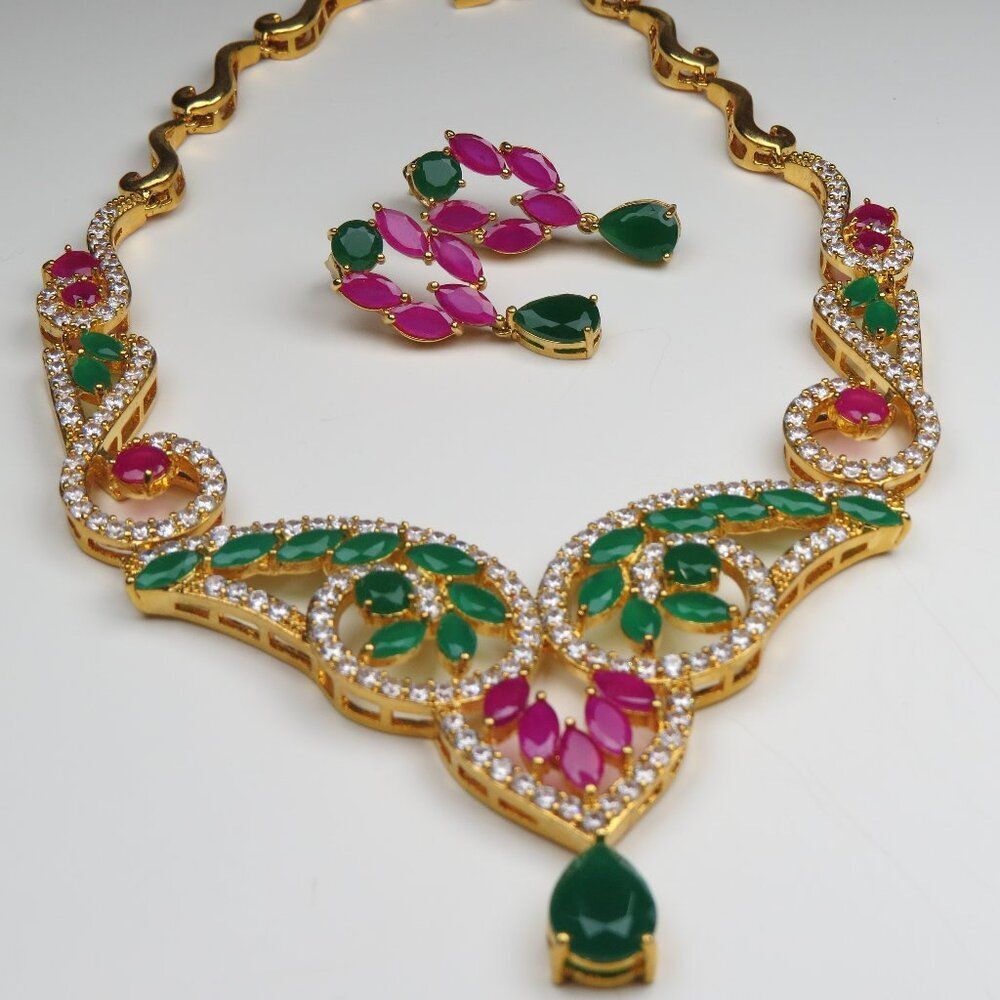 18k Plated Green & Red Onyx Hand Made Necklace And Earring Set